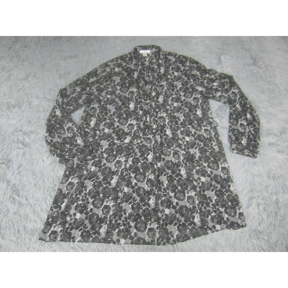 Ann Taylor Loft Tunic Womens Medium Black Gray Sheer Lightweight Collared Casual